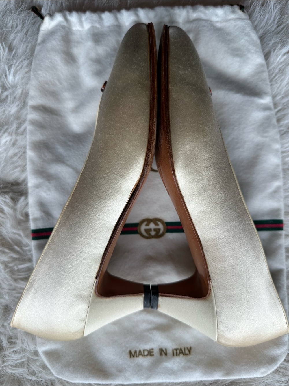 Vintage Gucci Cream Satin heels with dust bag Gold-Tone Accent 36.5 - Picture 14 of 16